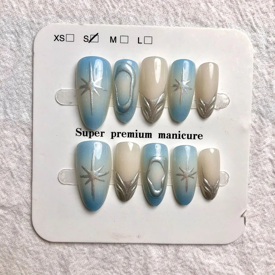 Handmade Almond Nail Press-Ons 3D Floral Shell Design Gradient White Effect European Style Nail Art False Nails Set