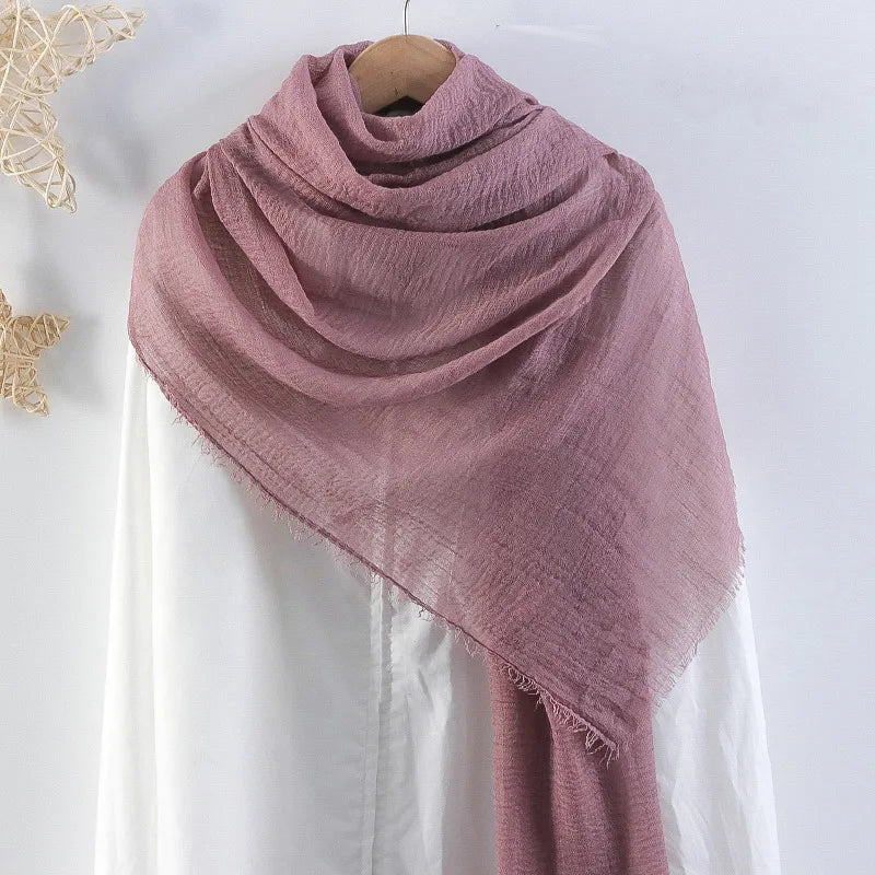 Hot selling solid color pleated cotton and linen scarf  women's bag headscarf crumpled hair fringe bubble scarf women's scarf cover head