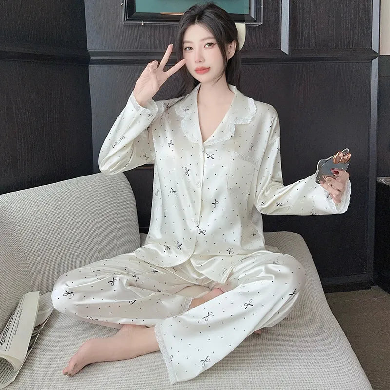 French Anti-Aging Sleepwear Women's Spring Autumn New Simple Polka Dot Long Sleeve Long Pants Ice Silk Home Clothes Fashion Set