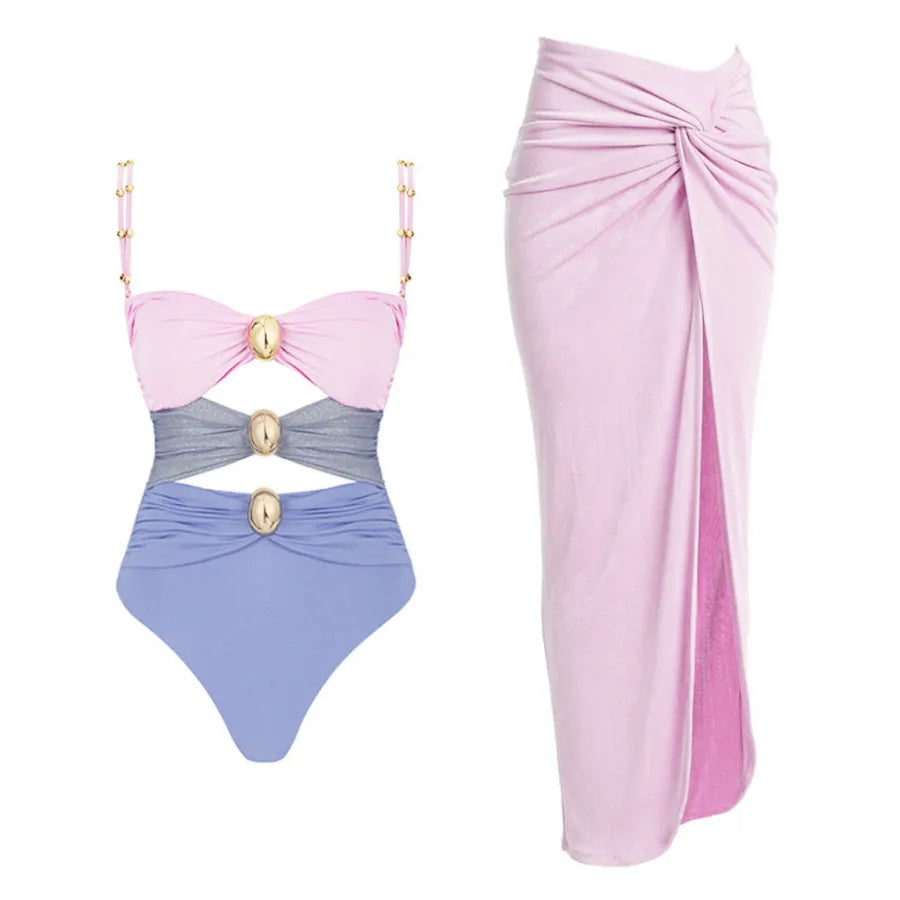 Women's Basic Classic Style Color Block 2 Pieces Set One Piece Swimwear