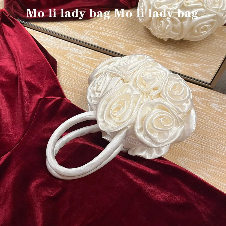 Women's Small Silk Flower Elegant Streetwear Round Zipper Evening Bag