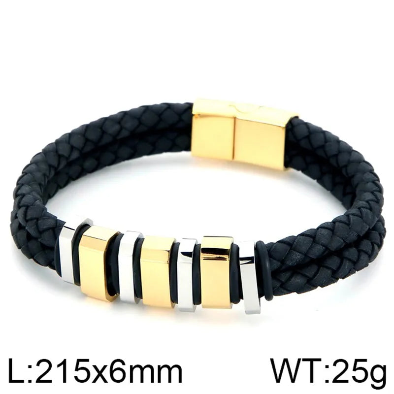 Hip-Hop Retro Color Block Pu Leather Titanium Steel Plating 18K Gold Plated Men's Bracelets