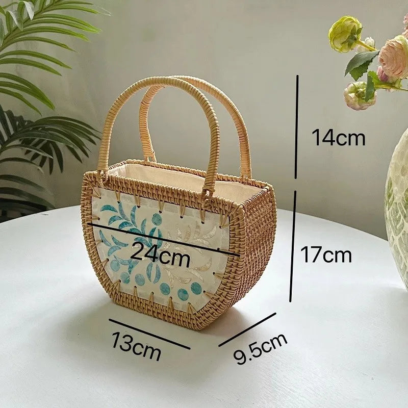Women's Medium Straw Flower Vintage Style Beach Weave String Straw Bag
