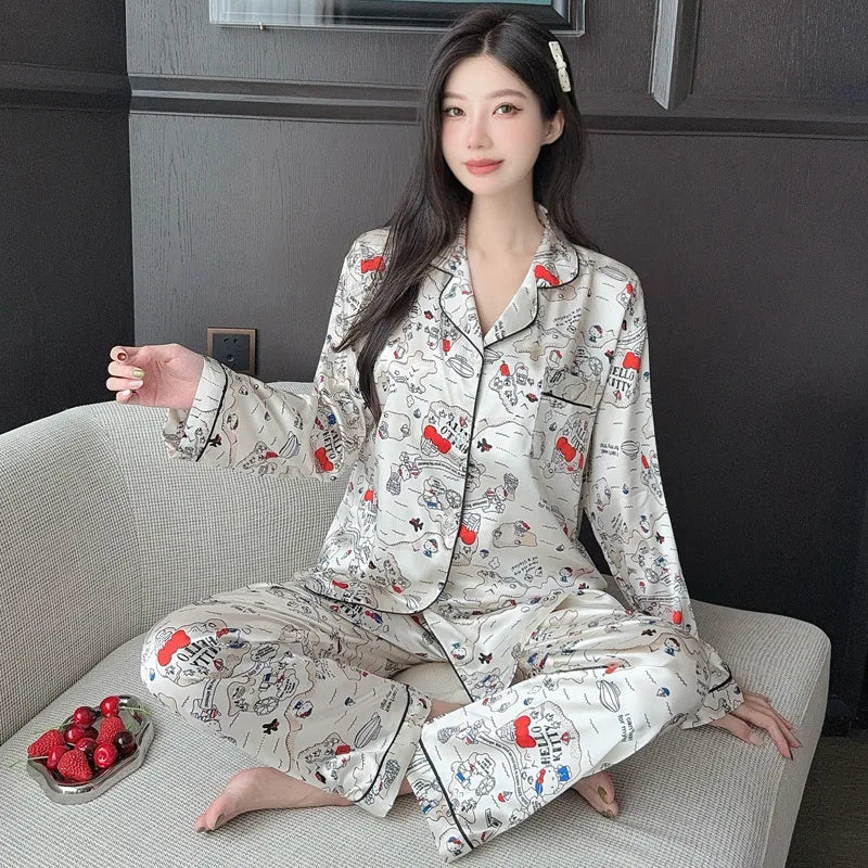 French Anti-Aging Sleepwear Women's Spring Autumn New Simple Polka Dot Long Sleeve Long Pants Ice Silk Home Clothes Fashion Set