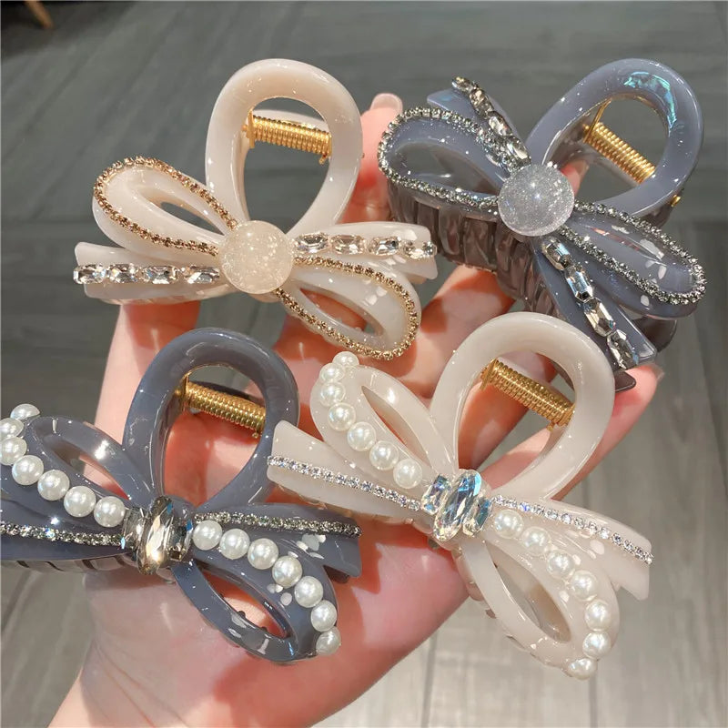 New Style Rhinestone Butterfly Knot Hair Clip Women Elegant Sweet Fairy Feel Half Updo Shark Jaw Clip Hair Accessory