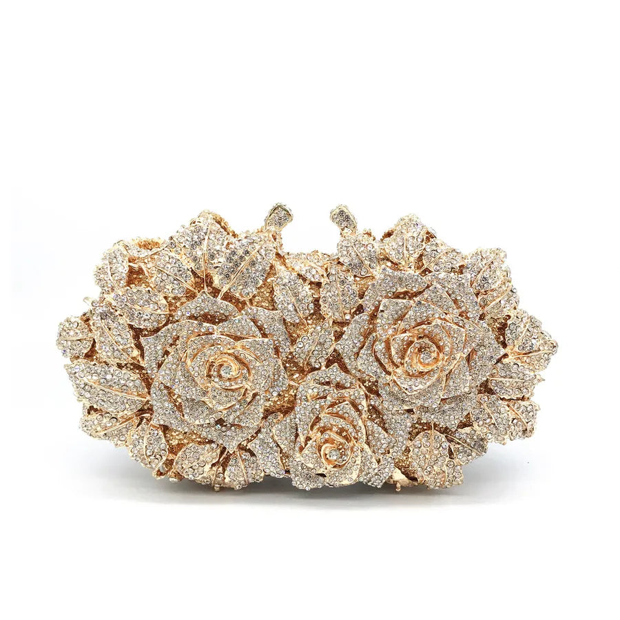 Gold Silver Rhinestone Metal Rose Diamond Asymmetrical Dress Evening Bags