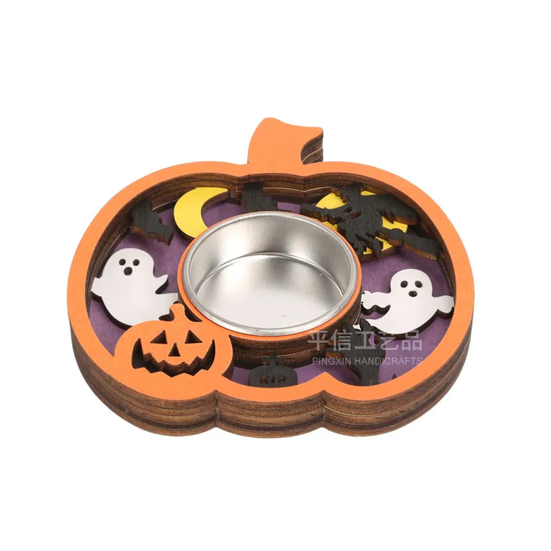 Halloween Wooden Candlestick Base Creative Decoration Thanksgiving Atmosphere Wooden Candlestick Holiday Dining-Table Decoration