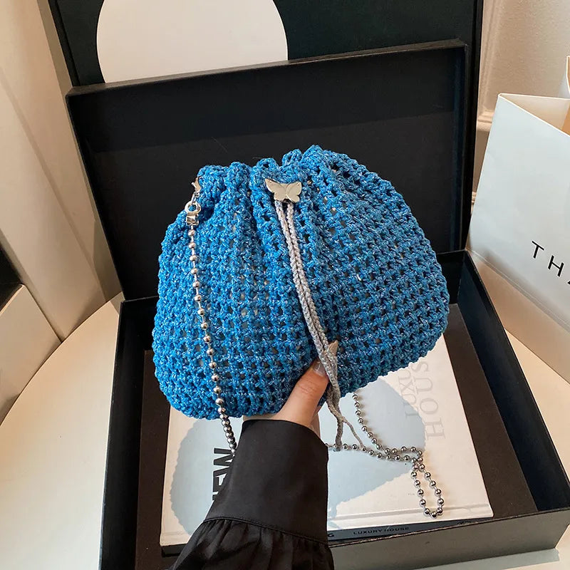 Special-Interest Design Hollow Knit Woven Women's Cross-Body Bag, Fashion Crocheted Bucket Bag, Versatile Chain Small Bag