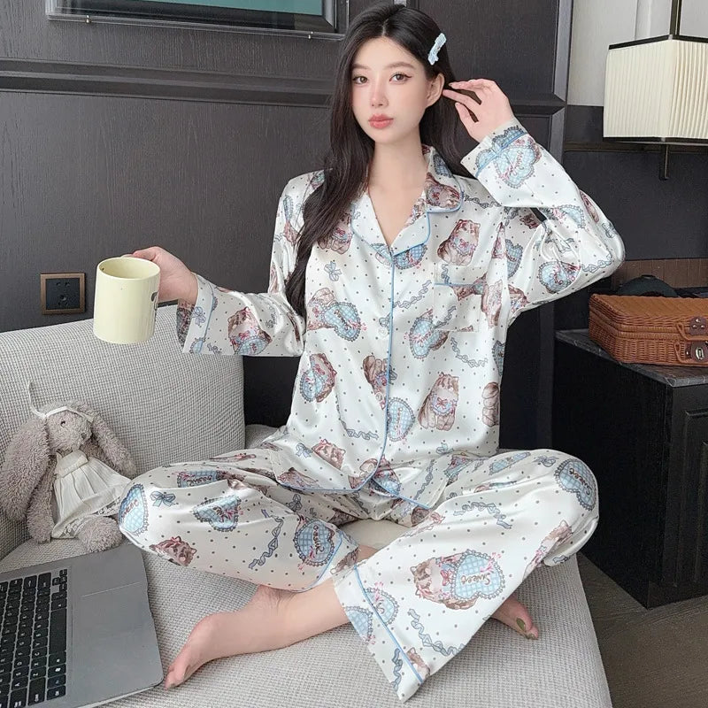 French Anti-Aging Sleepwear Women's Spring Autumn New Simple Polka Dot Long Sleeve Long Pants Ice Silk Home Clothes Fashion Set