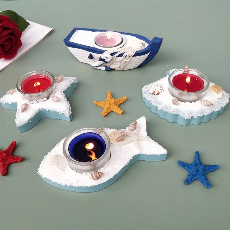 Mediterranean Style Creative Fish Starfish Shell Boat Candle Holder Home Decorations Romantic Candle Cup Dining Table Ornaments