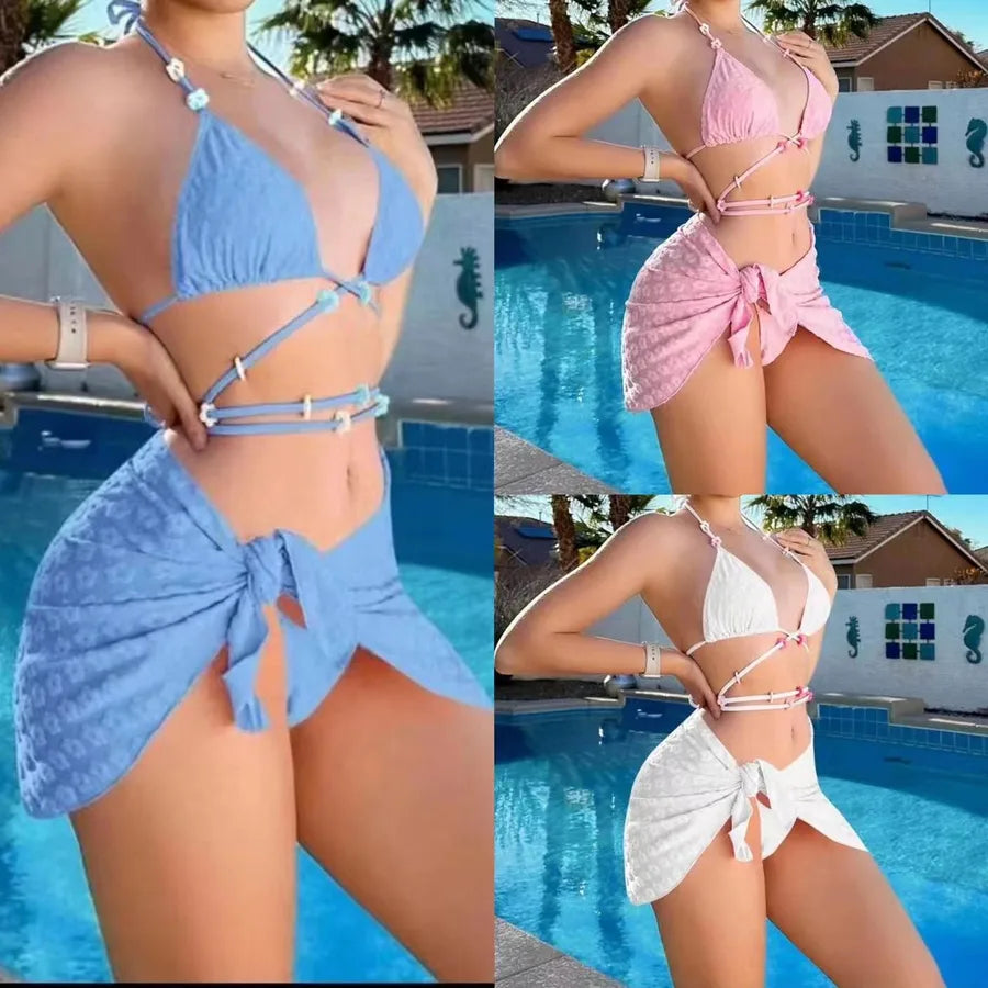 Women's Sexy Solid Color 3 Pieces Set Bikinis Swimwear