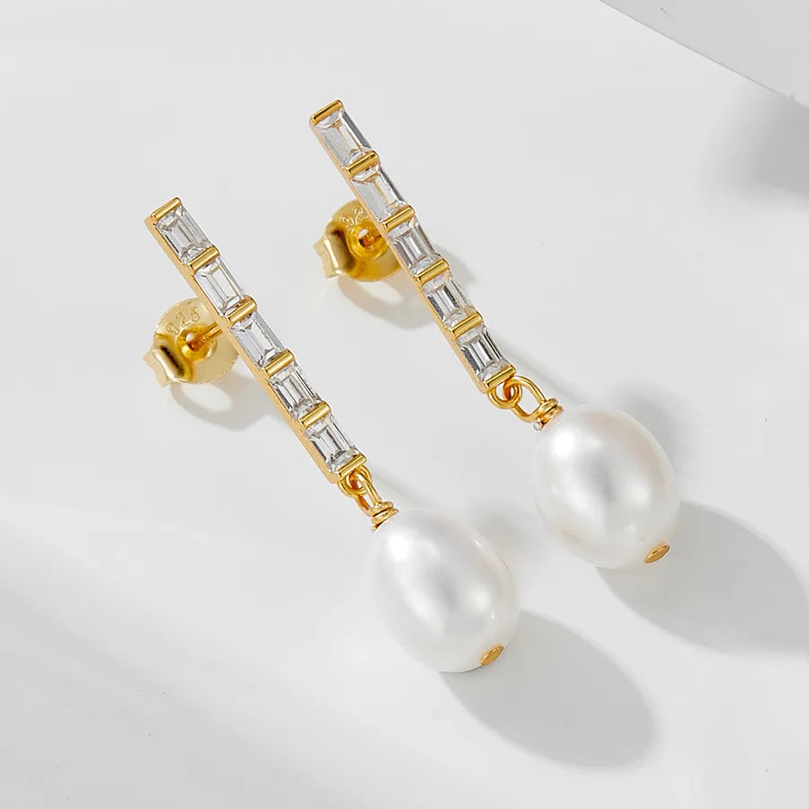 1 Pair 925 Sterling Silver Freshwater Pearl Zircon Geometric Solid Color Drop Earrings