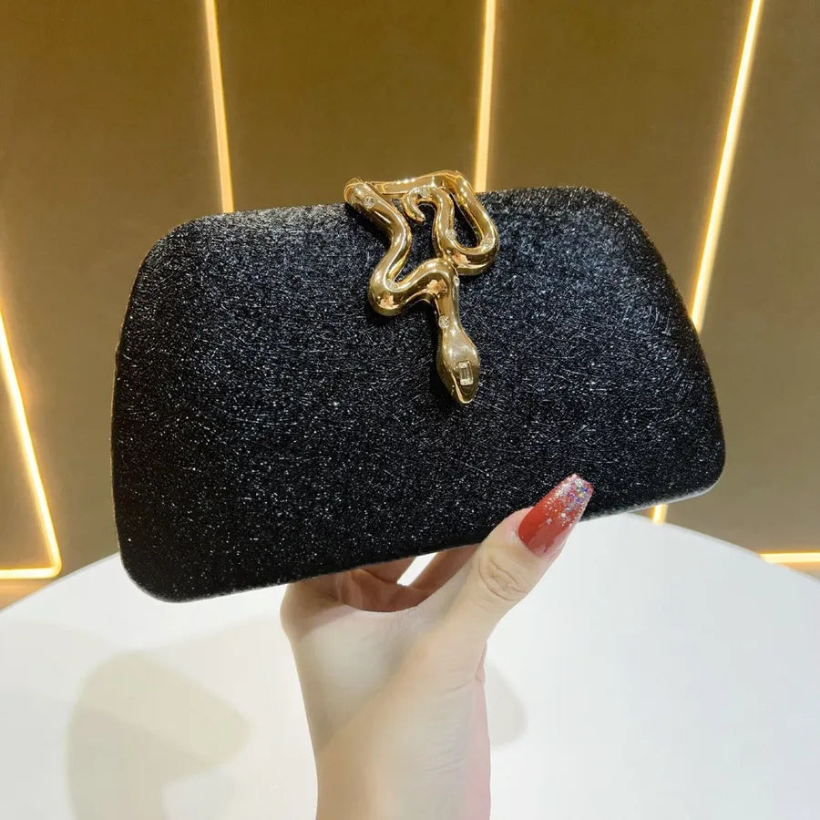New Fashionable Ladies Snake Lock Clutch Bag Evening Party Chain Shoulder Bag Shell Shape PU Polyester Diamond Elements