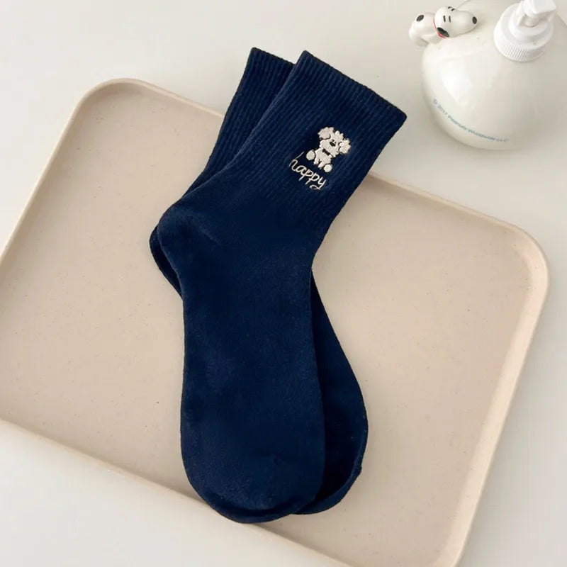 Spring and Summer suxinaimin Cute Dog Embroidered Trendy Healing Striped Mid-Socks Ins Casual Piled Socks