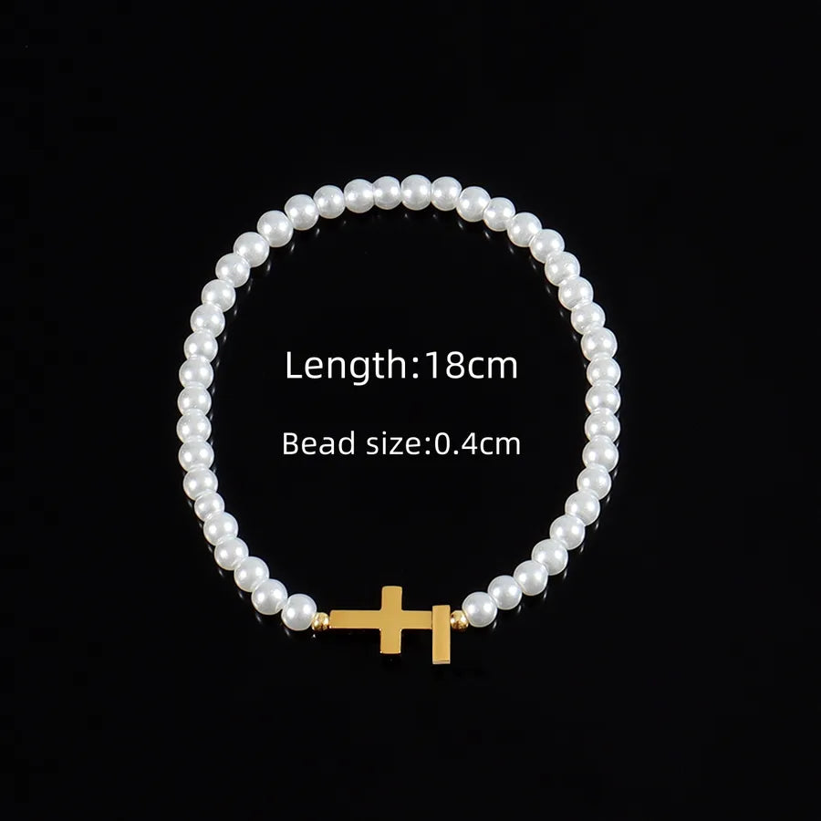 Classic Style Cross Letter 304 Stainless Steel Artificial Pearl Beaded Chain Beaded Bracelets Wholesale