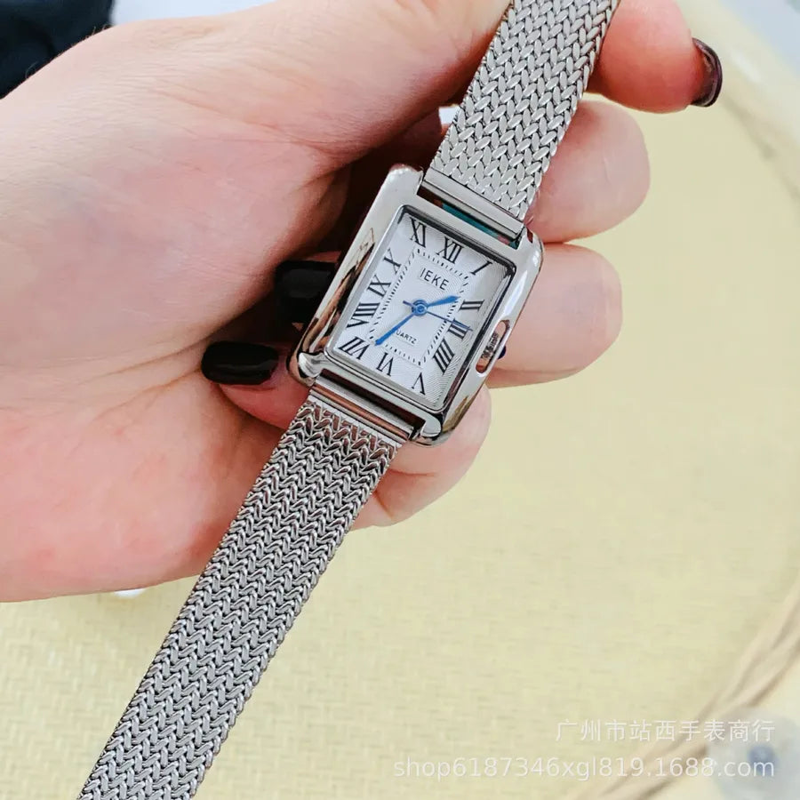 IEKE Ladies Square Watch Roman Numeral Vintage Wheat Ear Strap Versatile Luxury Quartz Watch Rectangular Dial Single Fold Clasp