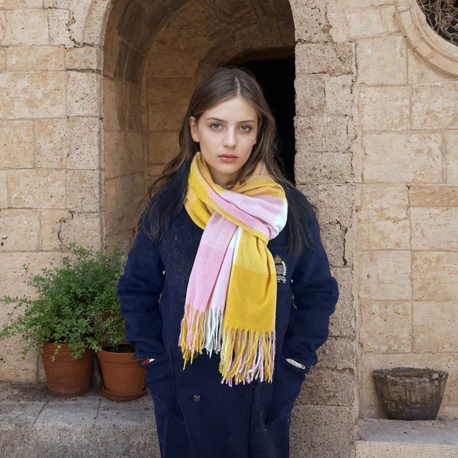 women's casual simple style color block imitation cashmere tassel scarf