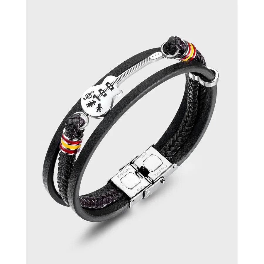 Retro Guitar Pu Leather Titanium Steel Men's Bangle