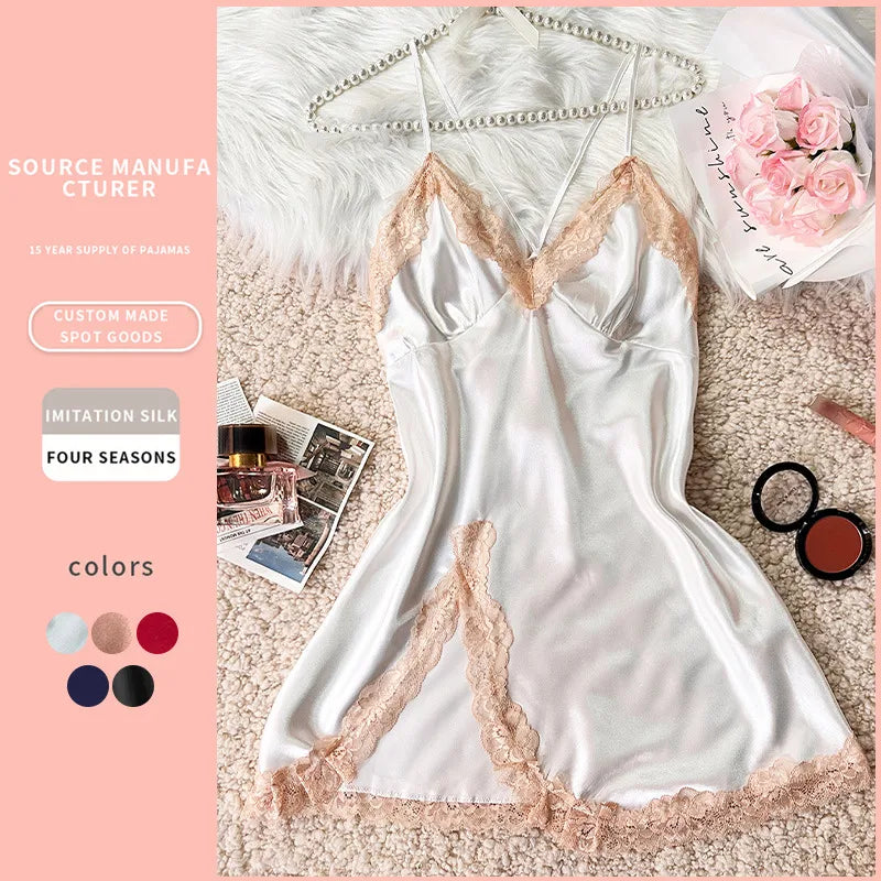 Home Women's Elegant Sexy Color Block Lace Imitated Silk Polyester Pajama Sets