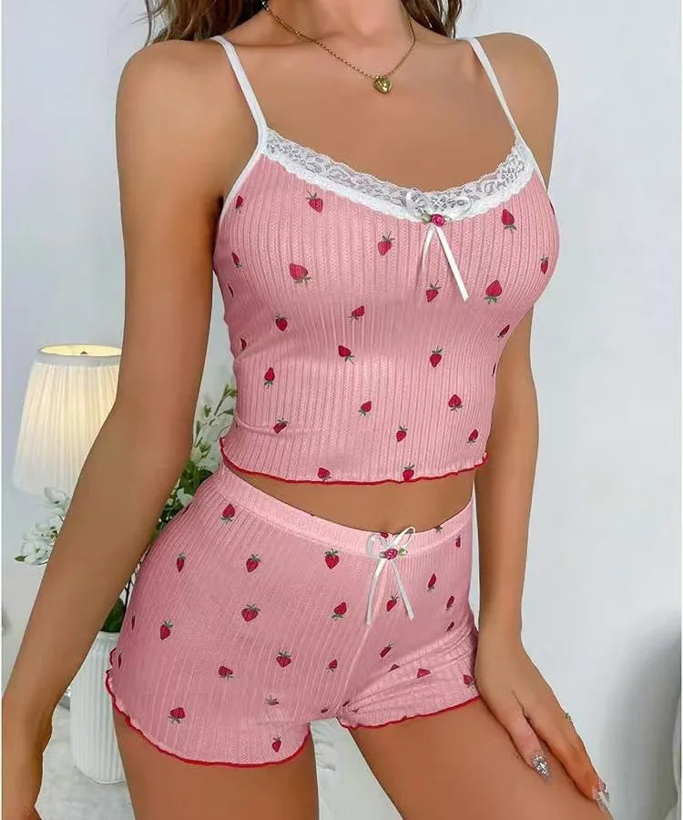 New Butterfly Knot Strap Shorts Set Women's Strawberry Print Lace Trim Two-Piece Polyester Milk Silk Home Wear Sleepwear