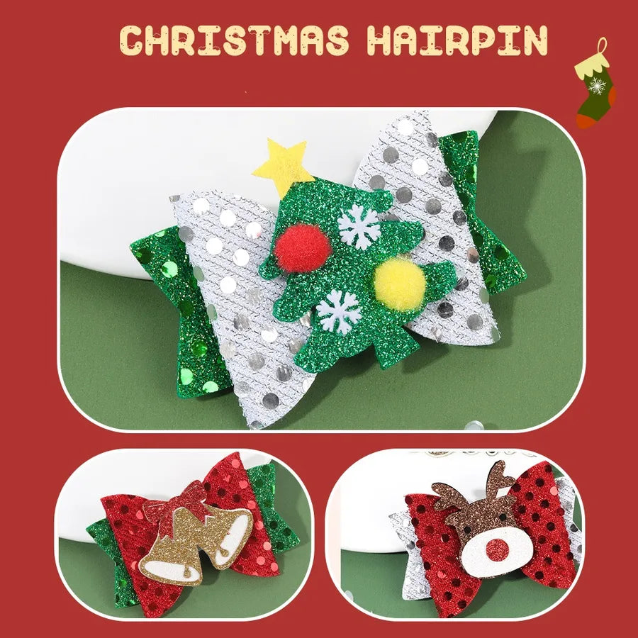 Christmas Tree Butterfly Knot Hair Clip Children's Party Girl Accessories Cute Cartoon Edge Hair Decorations Leather Material