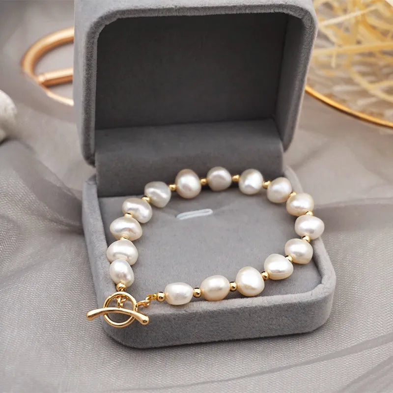 simple style portrait round freshwater pearl toggle plating 18k gold plated bracelets