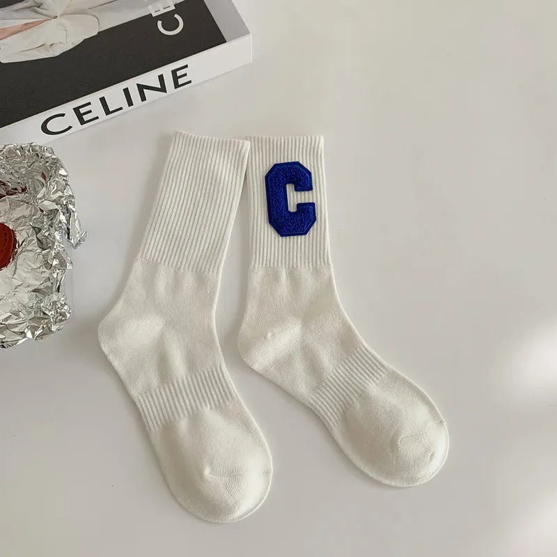 women's casual letter solid color cotton crew socks a pair