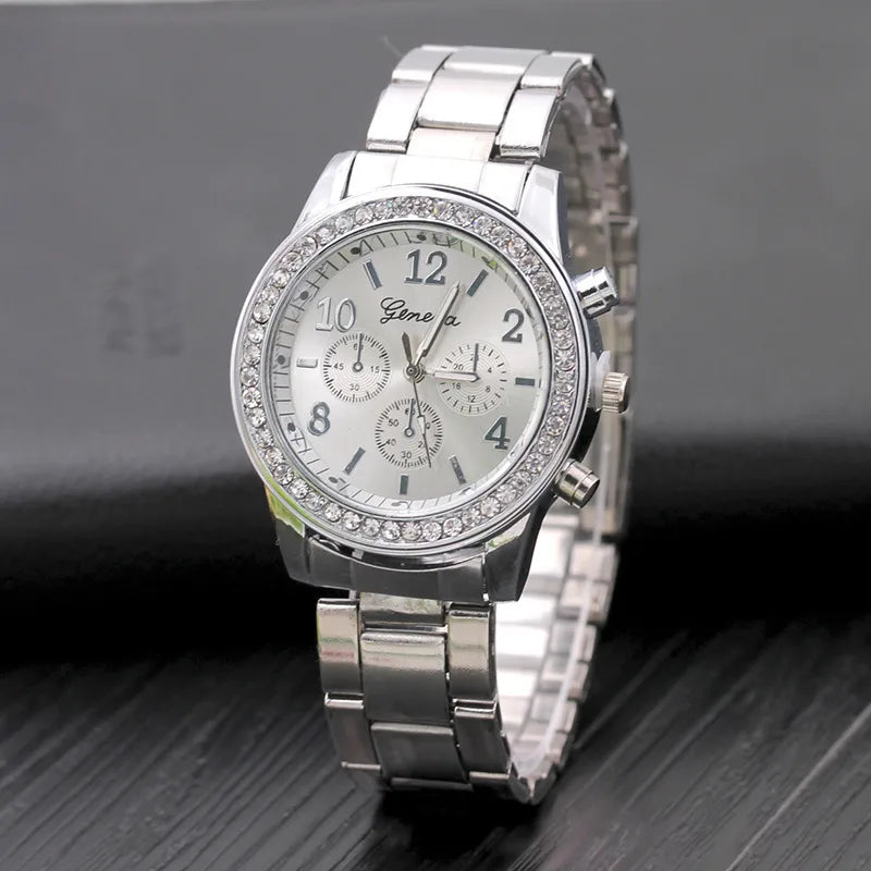 new geneva watch diamond alloy steel belt watch women's quartz watch geneva watc