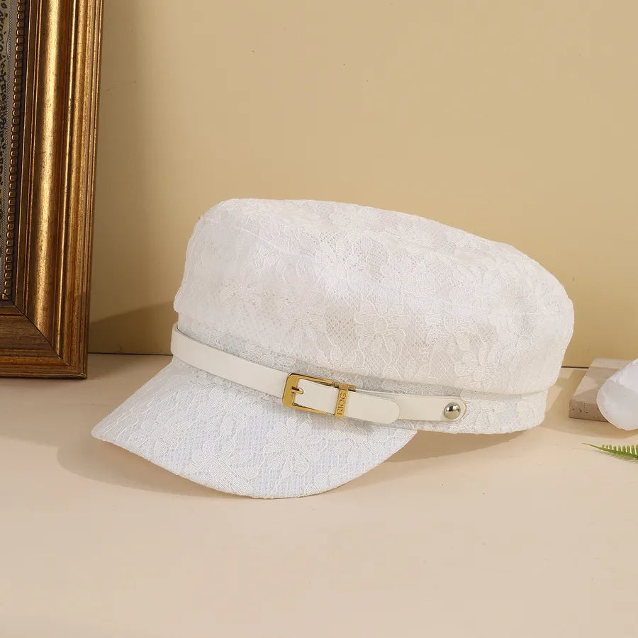 Black White Decorative Thin Mesh Breathable Flower Large Version Face Slimming Fashionable All-Match Flat-Crown Newsboy Cap Practical For Daily Shopping