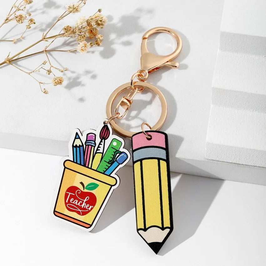 Modern Style Book pencil Wood Teachers' Day Unisex Keychain