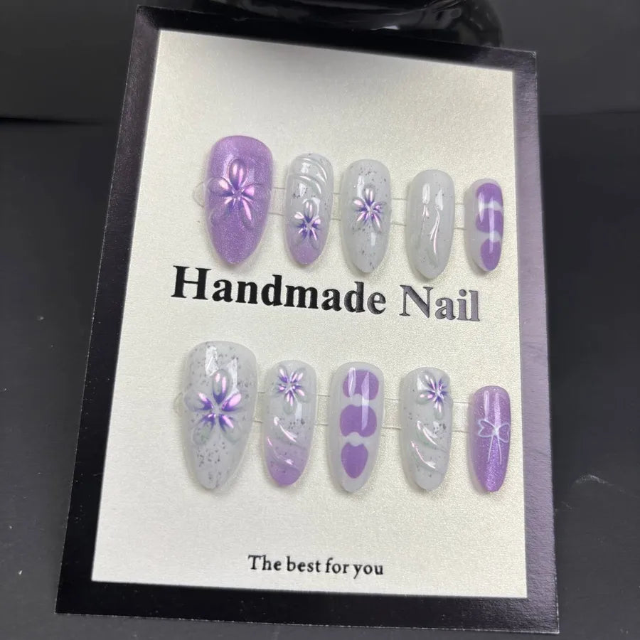 Handmade Almond Nail Press-Ons 3D Floral Shell Design Gradient White Effect European Style Nail Art False Nails Set