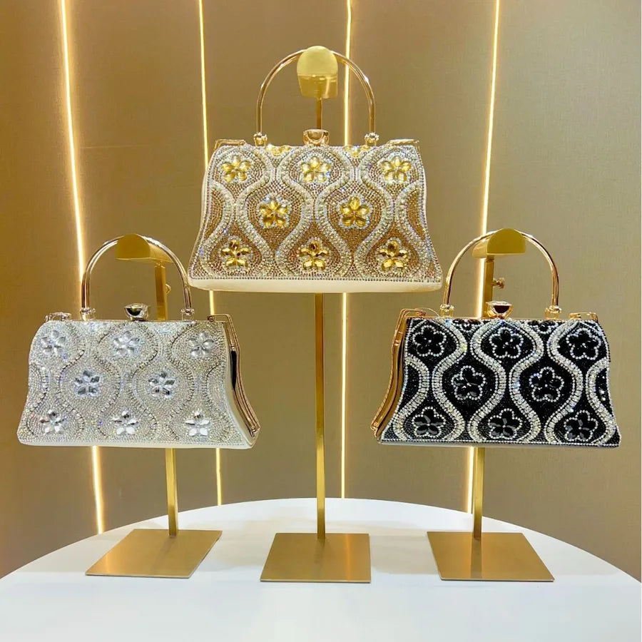 Princess Style Large Capacity Women's Handbag Evening Bag Square Shape Polyester Material Chain Lock Diamond Fashion Elements