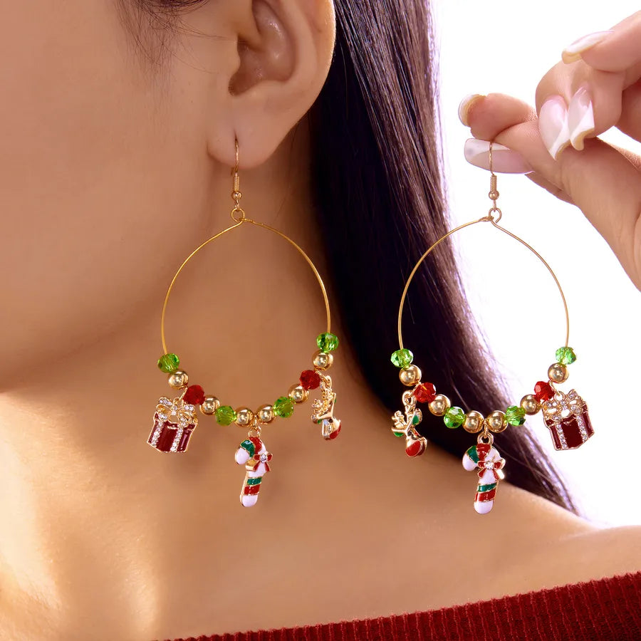 Christmas Themed Crystal Drop Earrings Alloy Scented Santa Socks Round Pendant Hooks For Women Christmas Jewelry Ear Jewelry