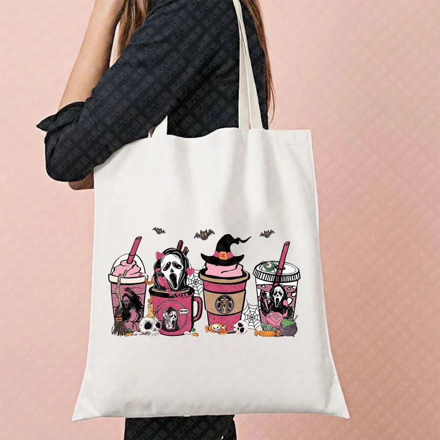 Ghost Pattern Halloween Outdoor Shopping Bag Cute Ghost Design Canvas Tote Bag For Ladies Retro Fashion Printed Large Size