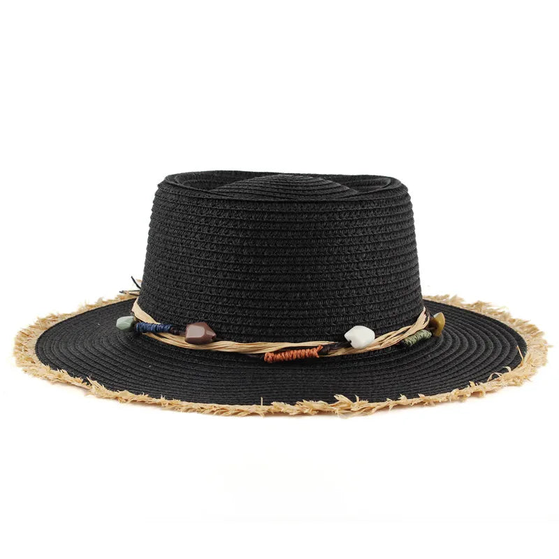 women's simple style color block wide eaves straw hat