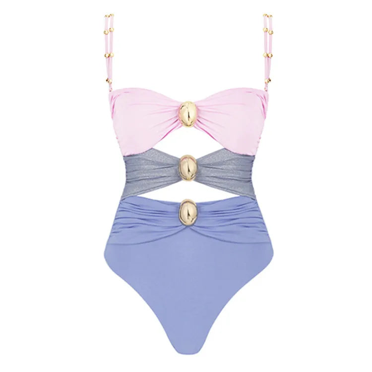 Women's Basic Classic Style Color Block 2 Pieces Set One Piece Swimwear
