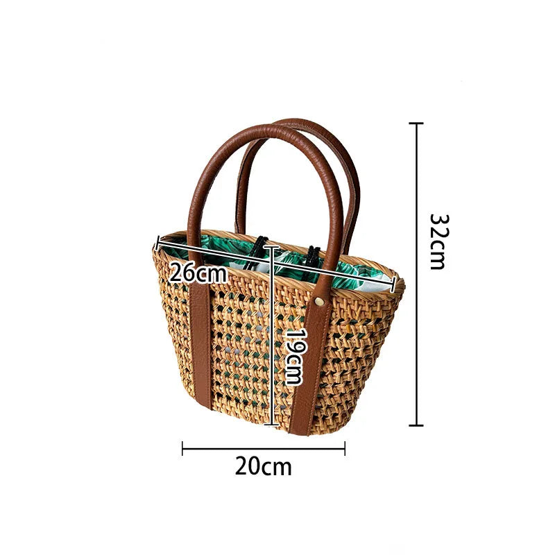 Women's Medium Straw Geometric Vacation Bucket String Straw Bag