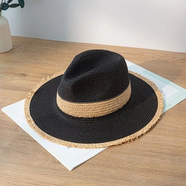 women's pastoral simple style color block big eaves straw hat