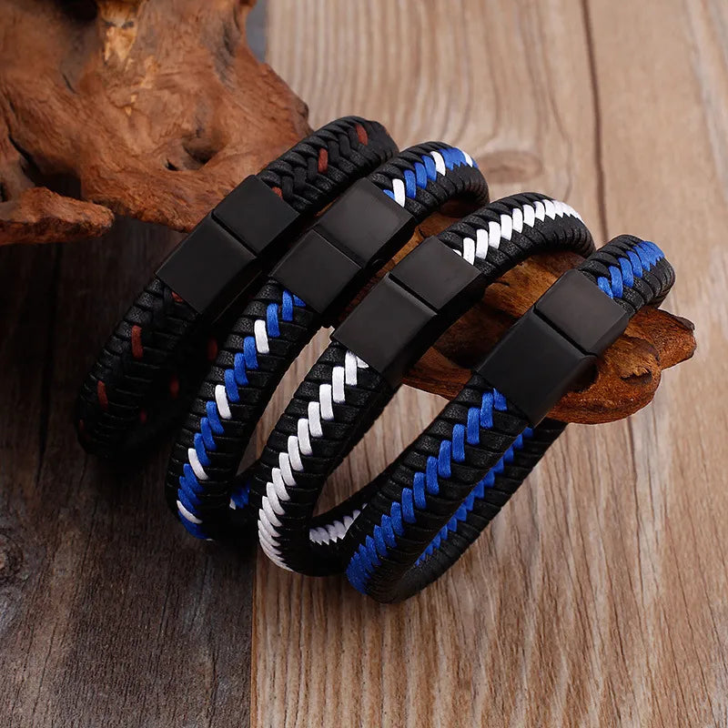 hip-hop retro color block pu leather titanium steel braid men's bangle