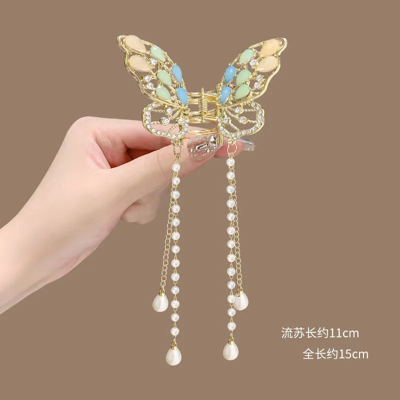 Alloy butterfly hairpin Korean high-end sense exquisite pearl tassel hair accessories half hair clip women's headdress wholesale