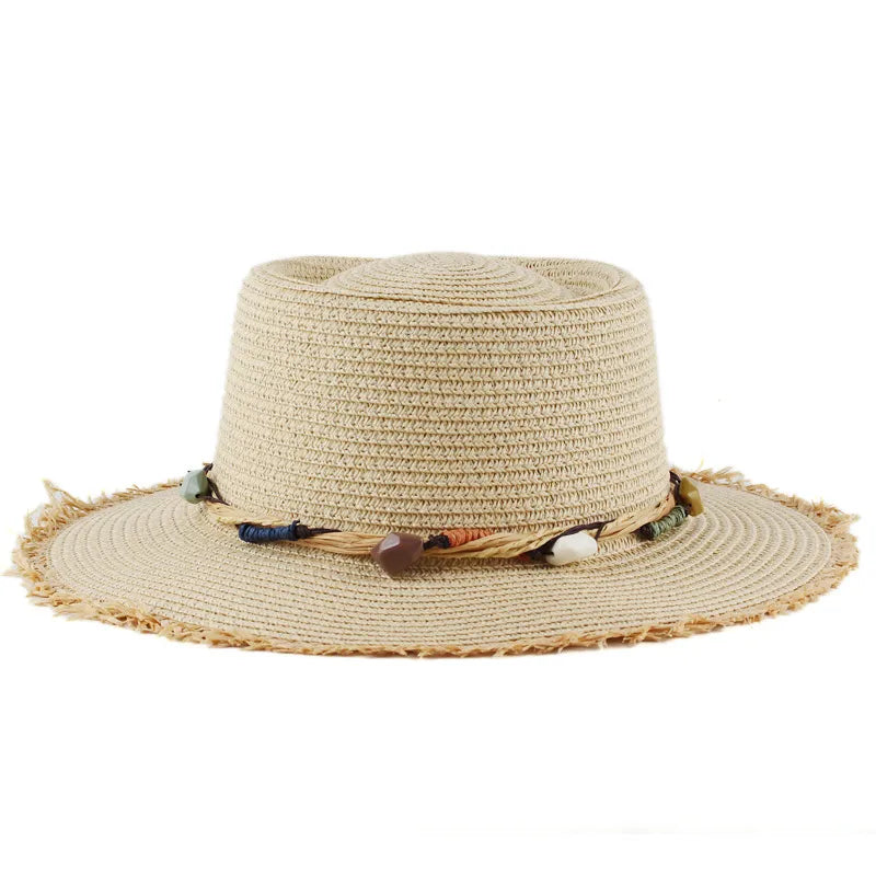 women's simple style color block wide eaves straw hat