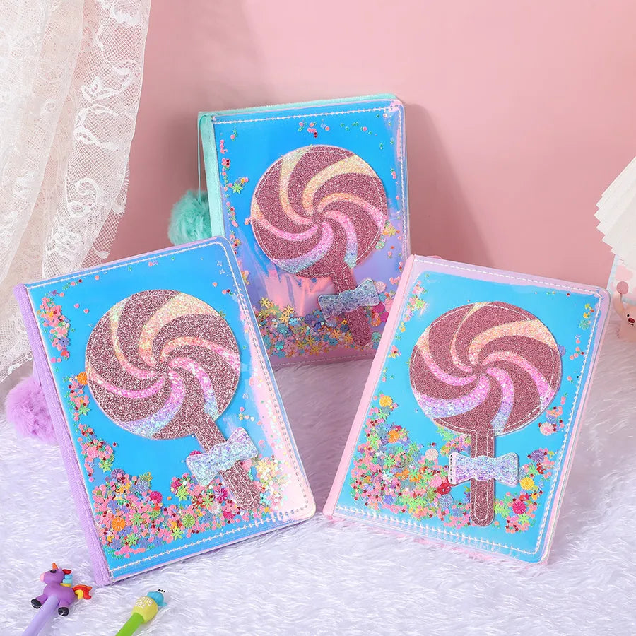 Adorable Glitter  Notebook Cute Cartoon Student Planner Journal Ice Cream  Blue  Wooden Pulp Furry Material