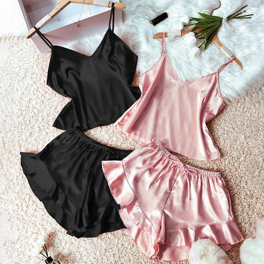 Home Women's Casual Sexy Solid Color Imitated Silk Polyester Shorts Sets Pajama Sets