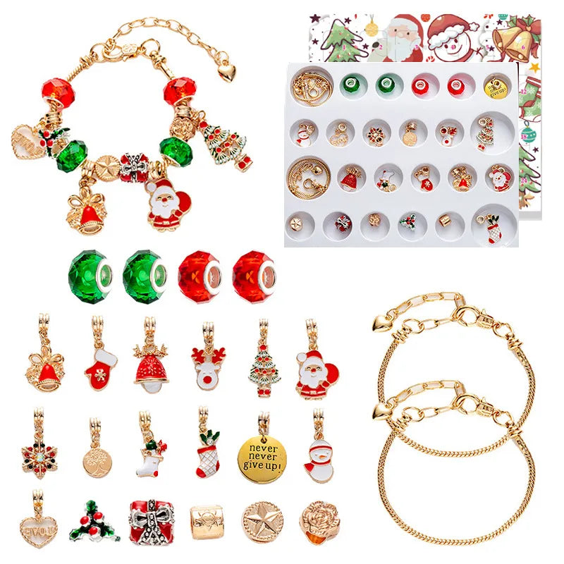 Christmas Countdown 24 Days Blind Box DIY Children's Bracelet Necklace Set Gift Alloy Material Cartoon Style Christmas Socks Bell Pattern