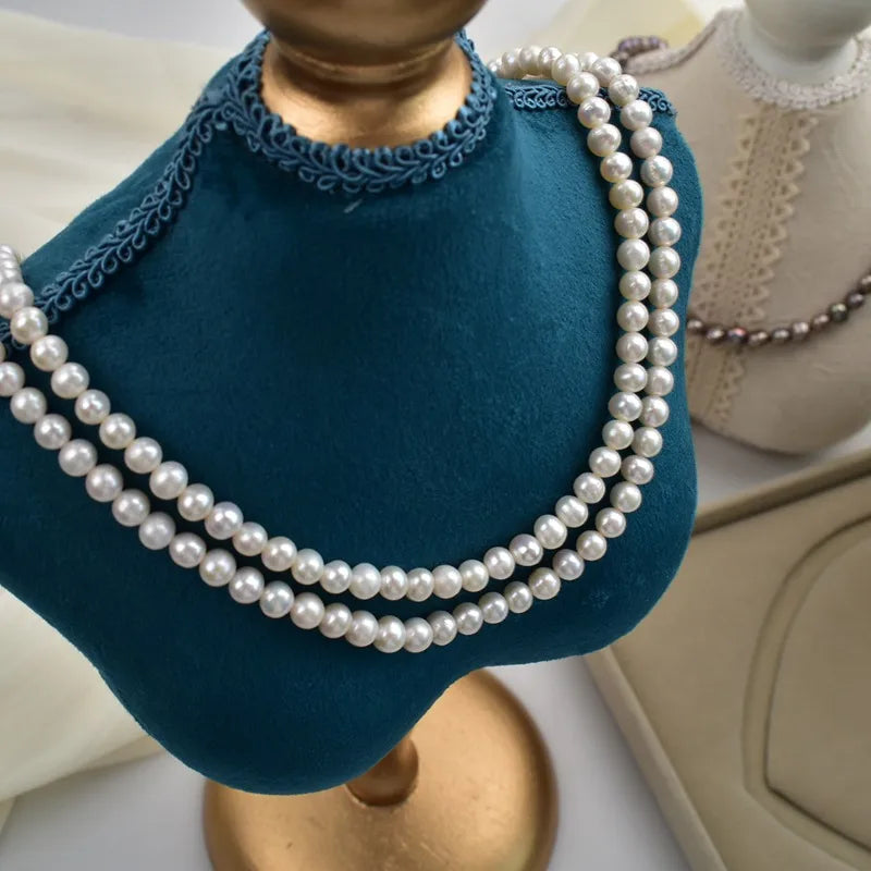 Natural Freshwater Pearl Necklace For Women 6-7m Near Round Vintage Multi-Layer Daily Qipao Elegant Fashion Clavicle Chain Jewelry