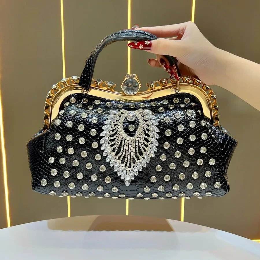 New Large Capacity Women's Handbag Luxury Crossbody Evening Dress Bag High-End Sensation Women's Bucket Shape Pu Diamond Embellished