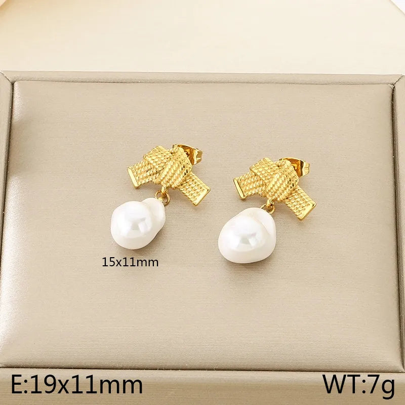 Korean Fashion Refined Grace Stainless Steel Bow Freshwater Pearl Earrings