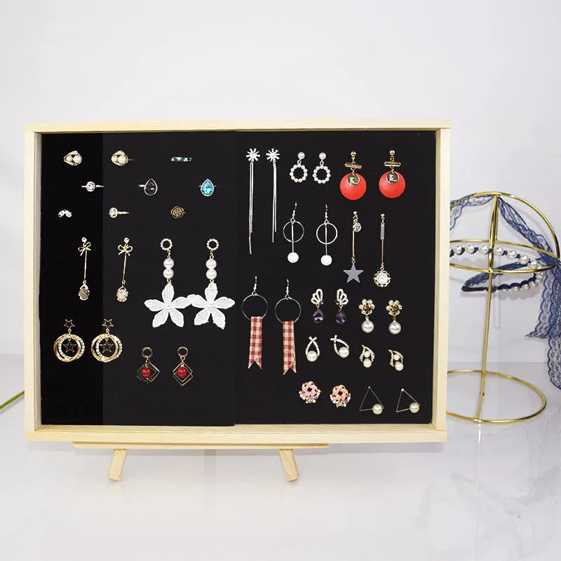 Solid wood dustproof jewelry box wall-mounted household earrings earrings display rack ring storage tray necklace earrings box