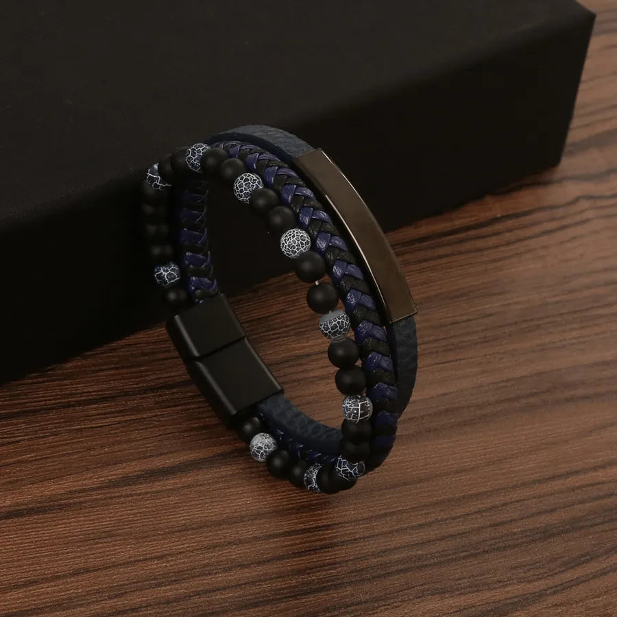 Casual Simple Style Geometric Stainless Steel Pu Leather natural stone Beaded Men's wristband
