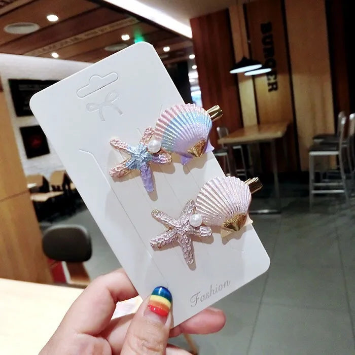 Women's Casual Marine Style Starfish Shell Metal Pearl Hair Clip